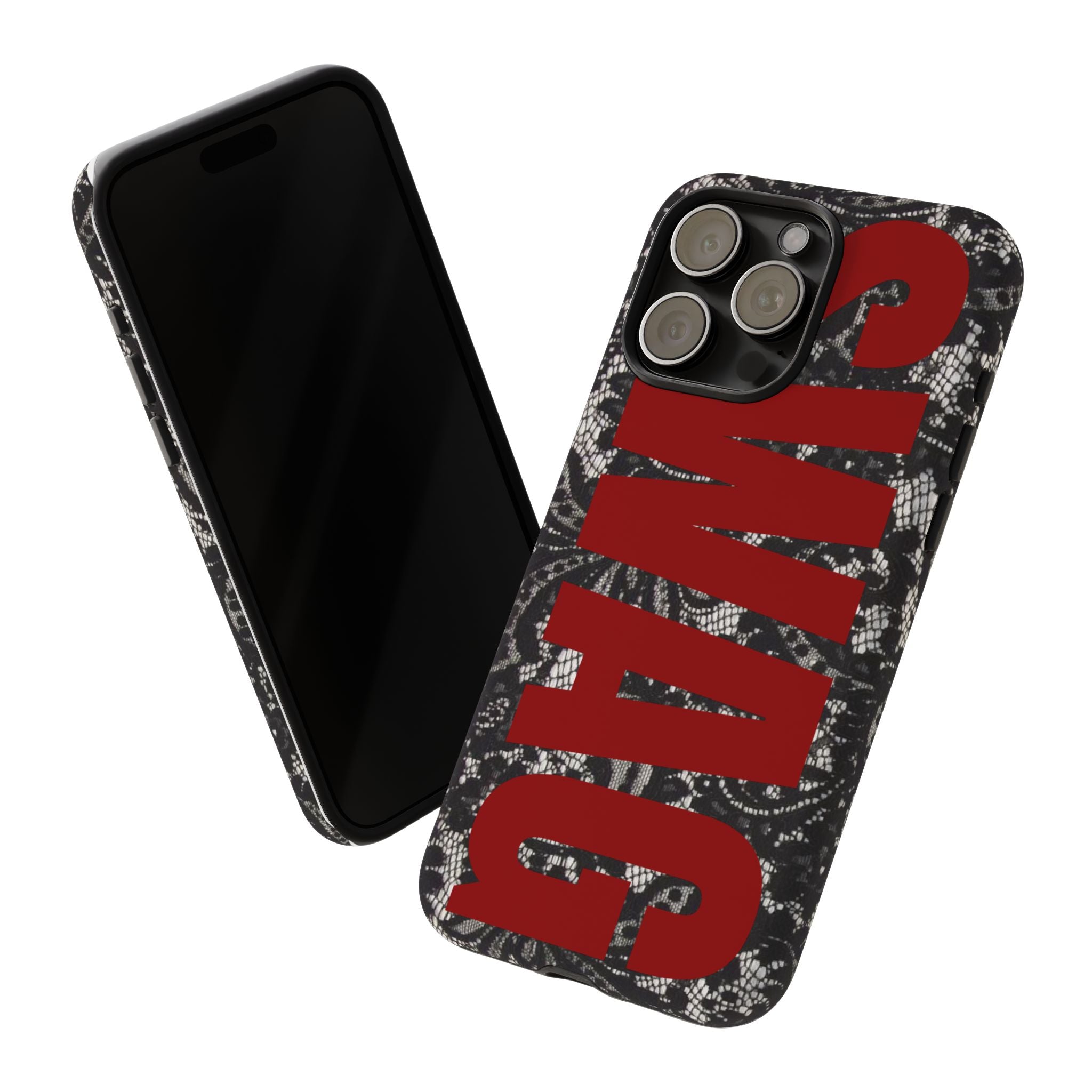 Phone Case — Black Lace Pattern with Bold Red SWAG Text