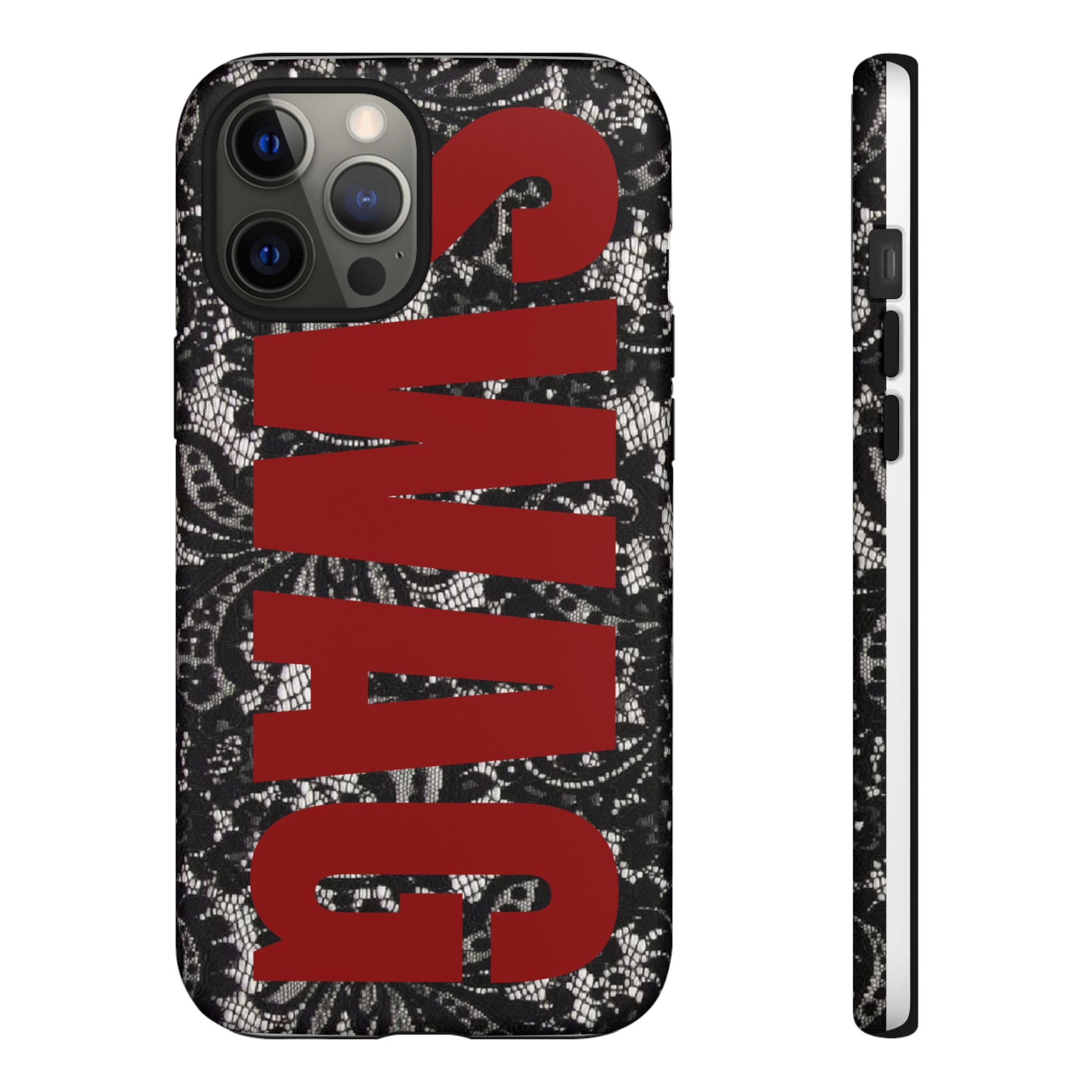 Phone Case — Black Lace Pattern with Bold Red SWAG Text