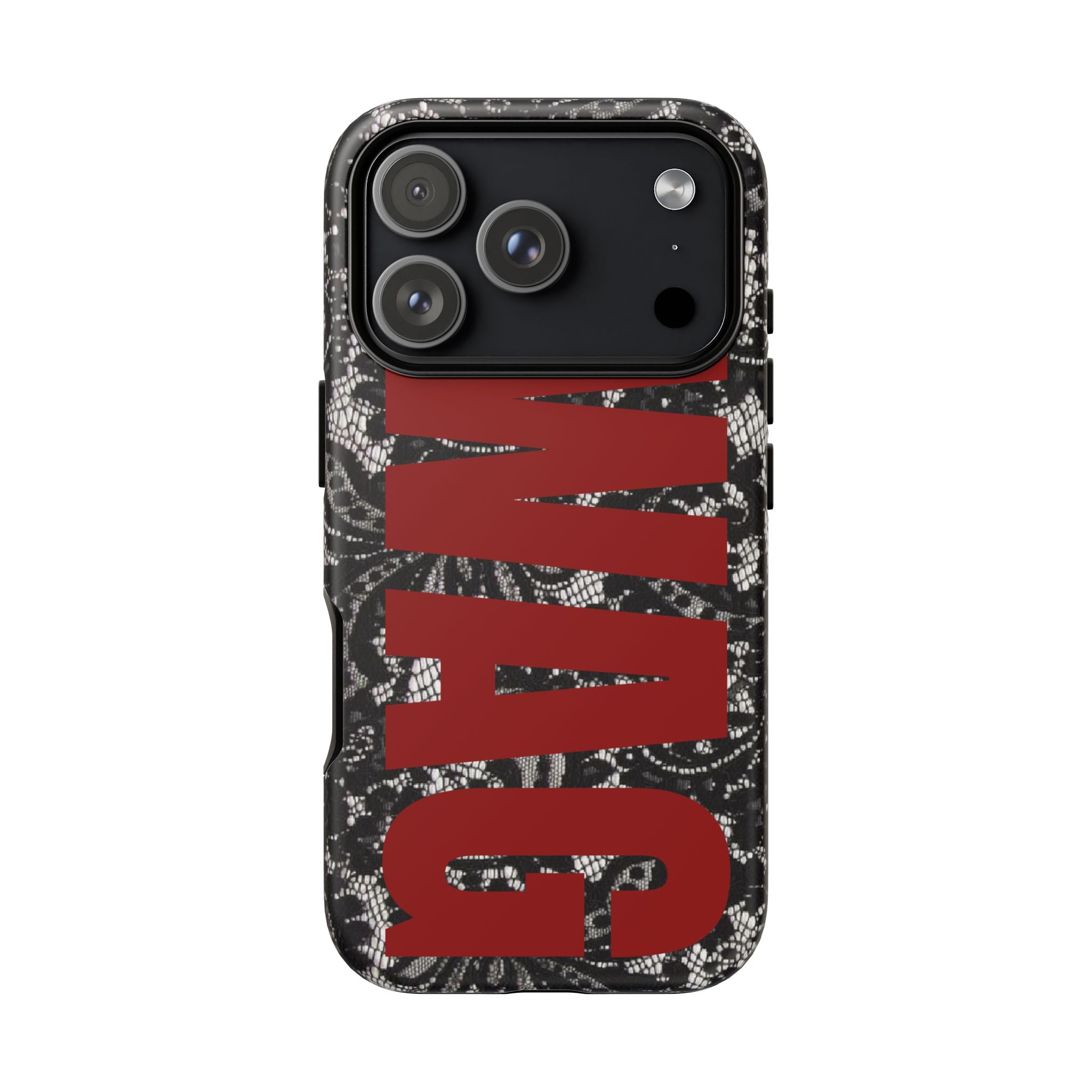 Phone Case — Black Lace Pattern with Bold Red SWAG Text