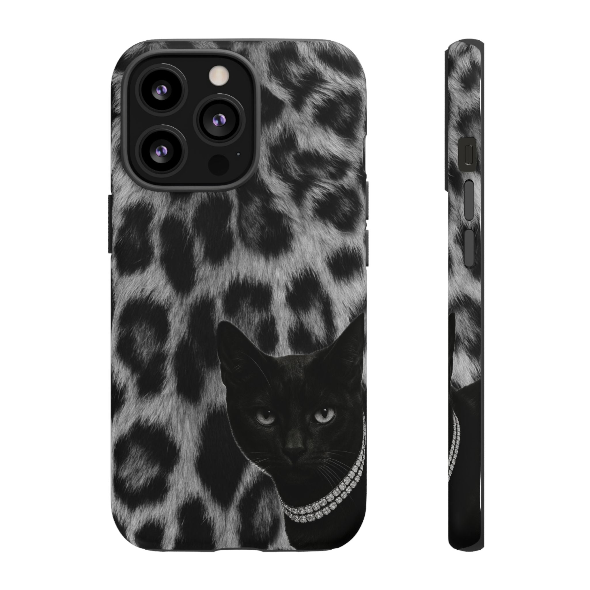 Cat Leopard Phone Case — Black Cat with Pearl Necklace, Chic Animal Print Protective Cover