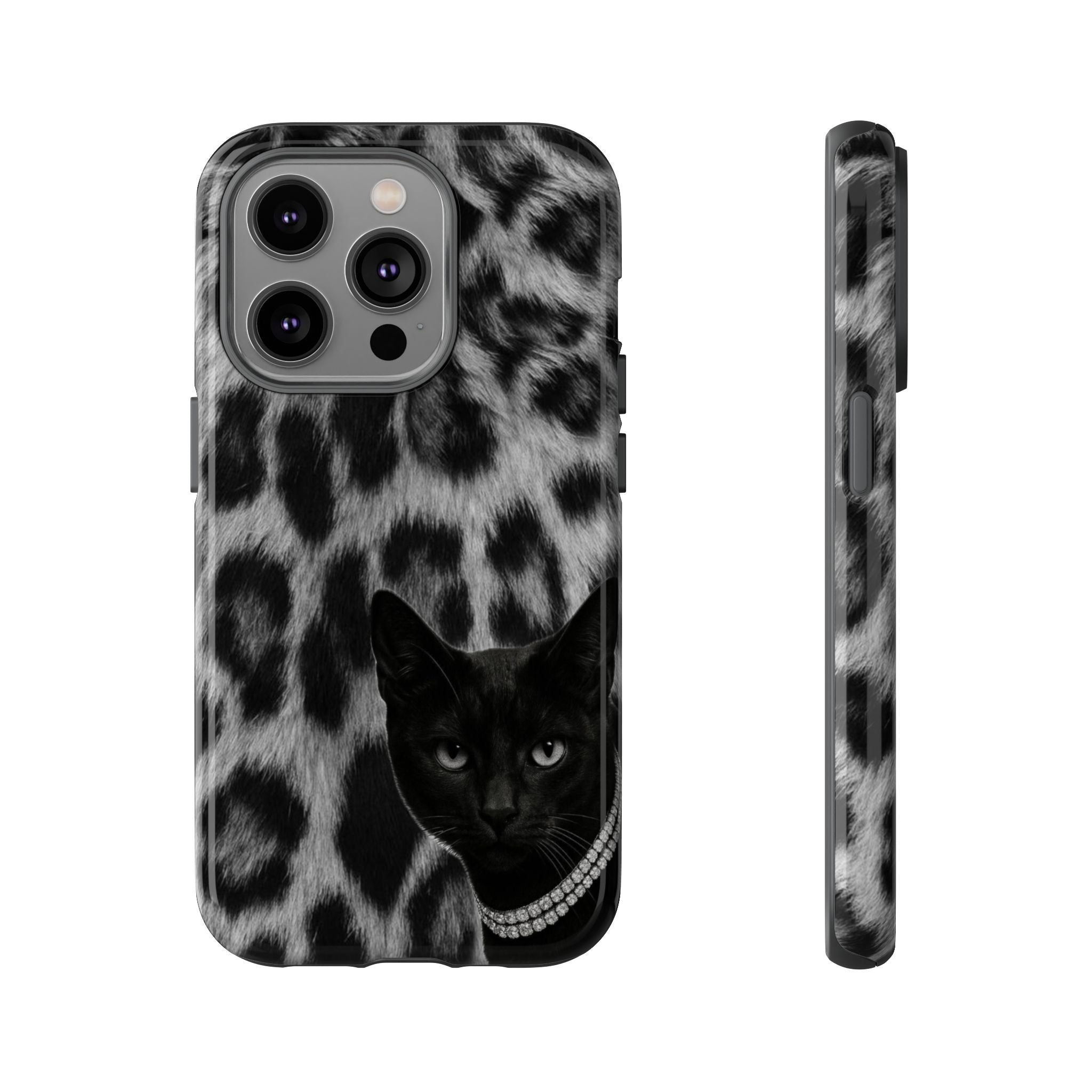 Cat Leopard Phone Case — Black Cat with Pearl Necklace, Chic Animal Print Protective Cover