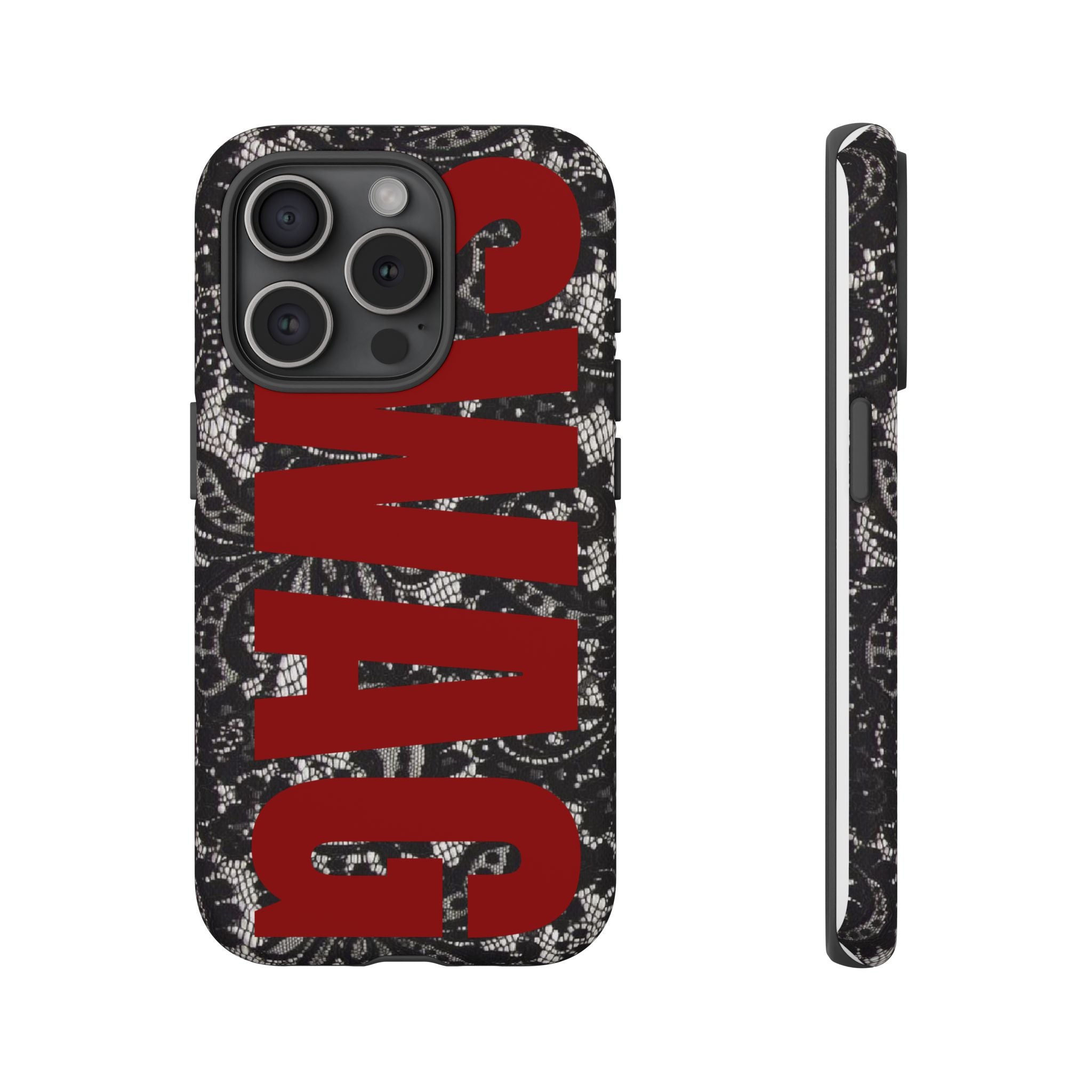 Phone Case — Black Lace Pattern with Bold Red SWAG Text
