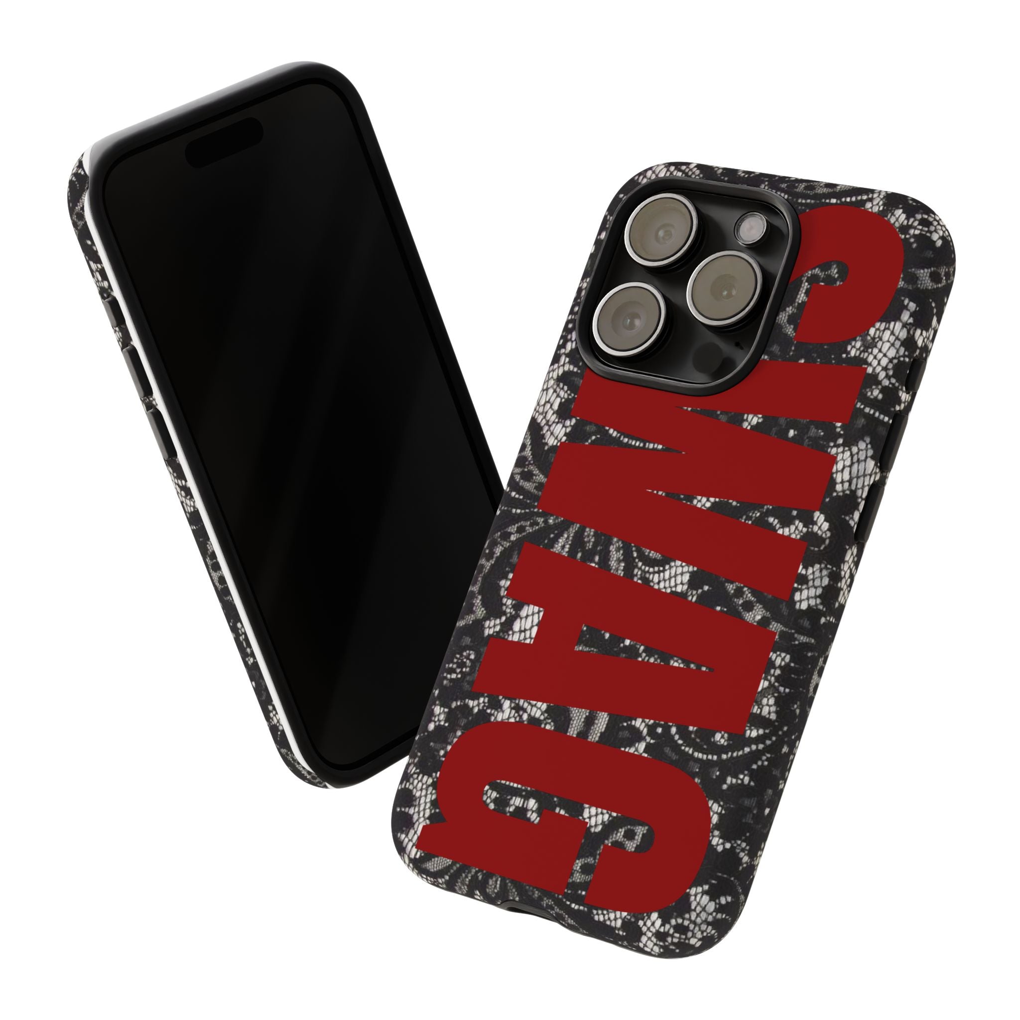Phone Case — Black Lace Pattern with Bold Red SWAG Text