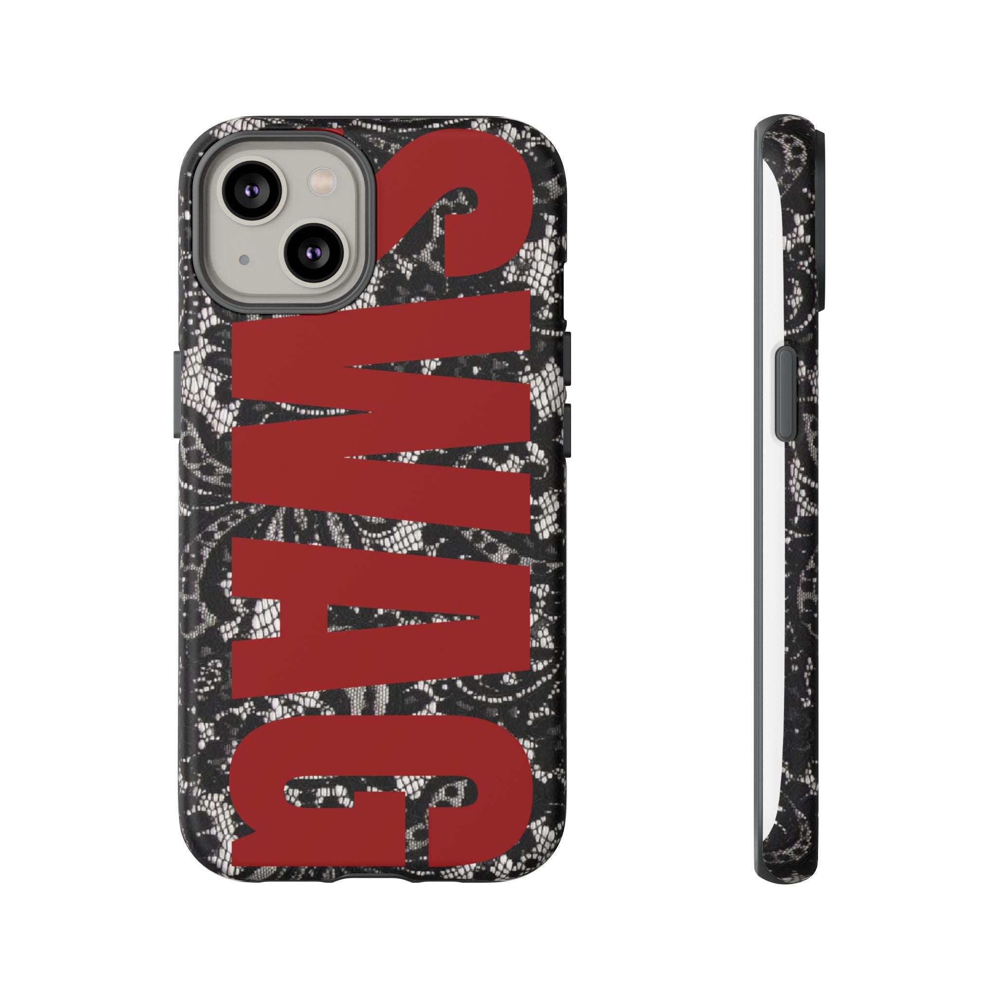 Phone Case — Black Lace Pattern with Bold Red SWAG Text