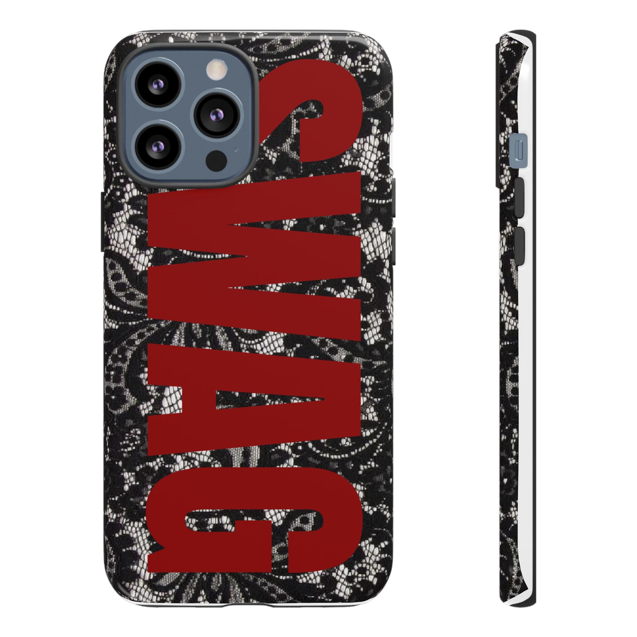 Phone Case — Black Lace Pattern with Bold Red SWAG Text