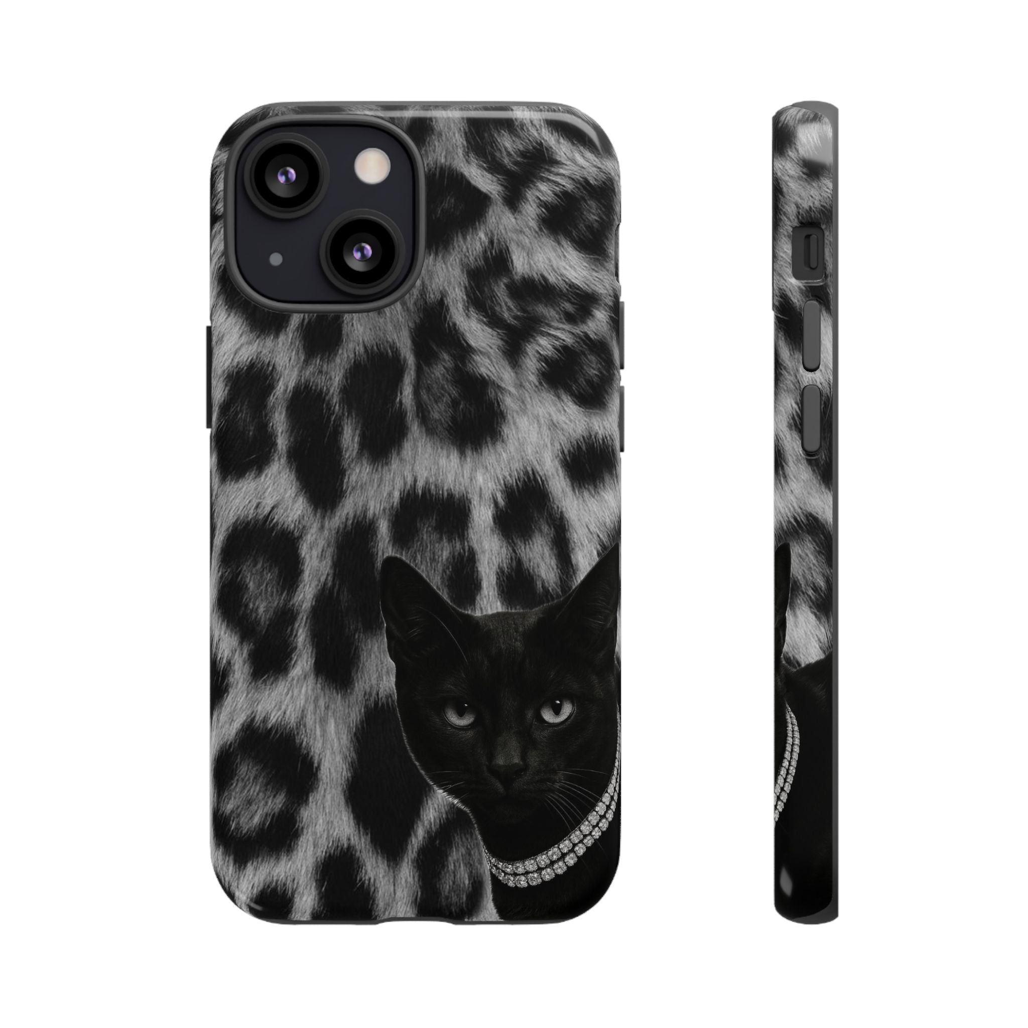 Cat Leopard Phone Case — Black Cat with Pearl Necklace, Chic Animal Print Protective Cover