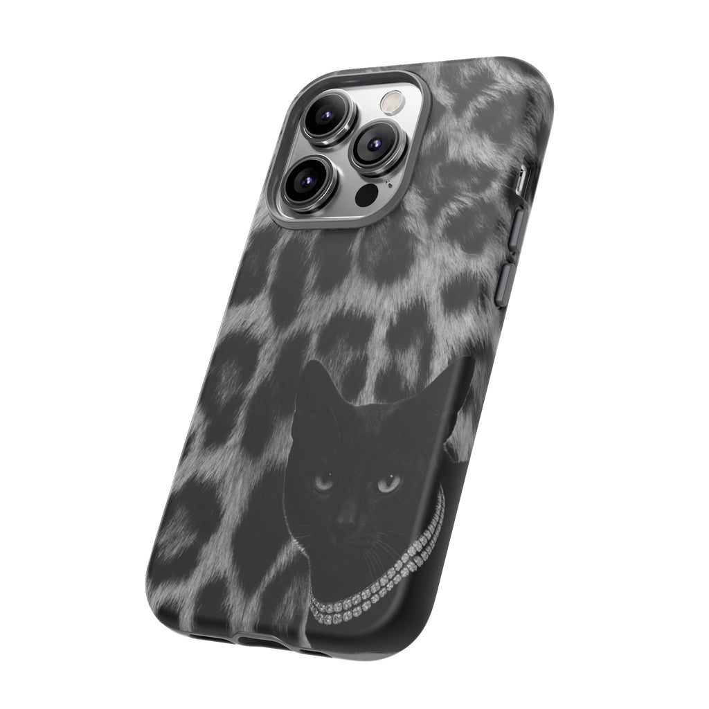 Cat Leopard Phone Case — Black Cat with Pearl Necklace, Chic Animal Print Protective Cover