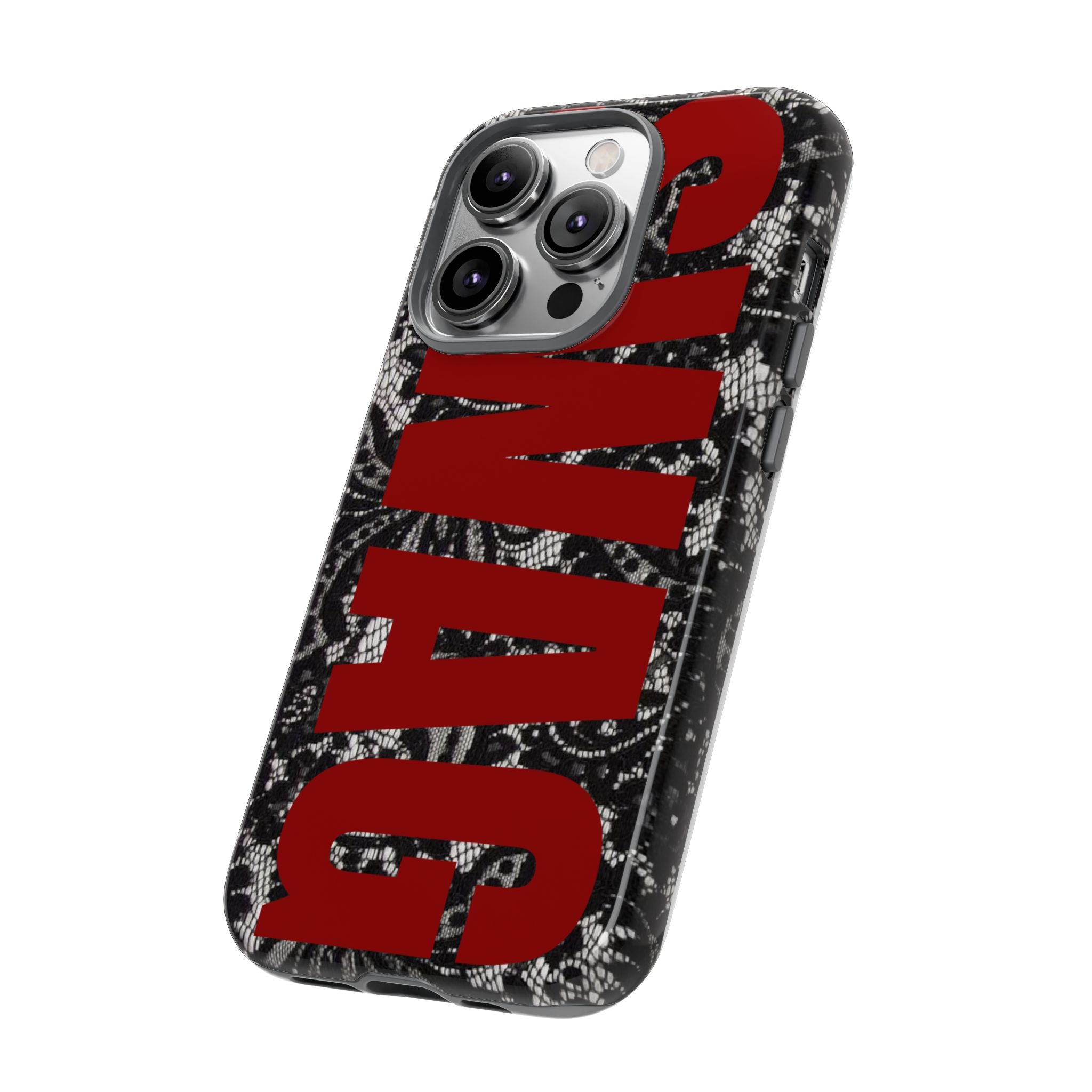Phone Case — Black Lace Pattern with Bold Red SWAG Text