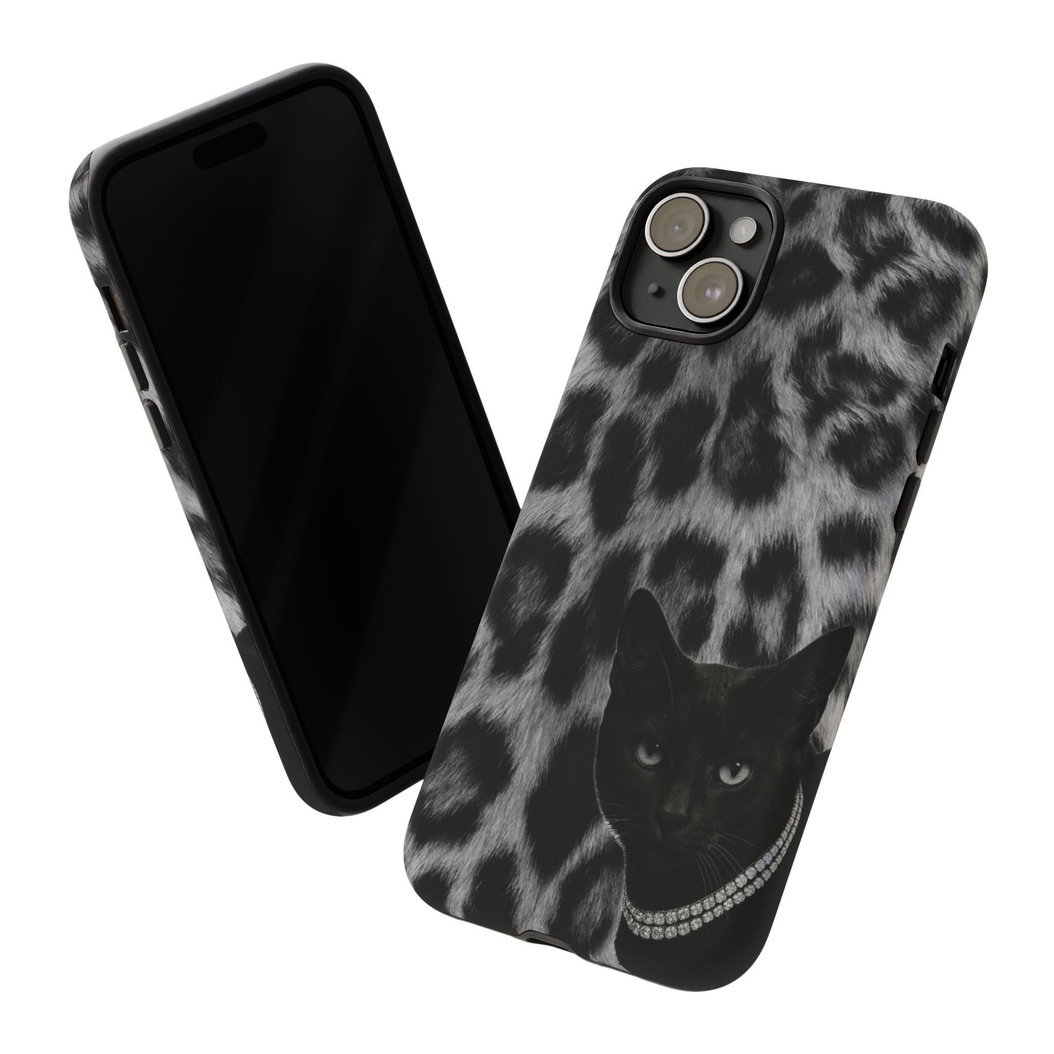 Cat Leopard Phone Case — Black Cat with Pearl Necklace, Chic Animal Print Protective Cover