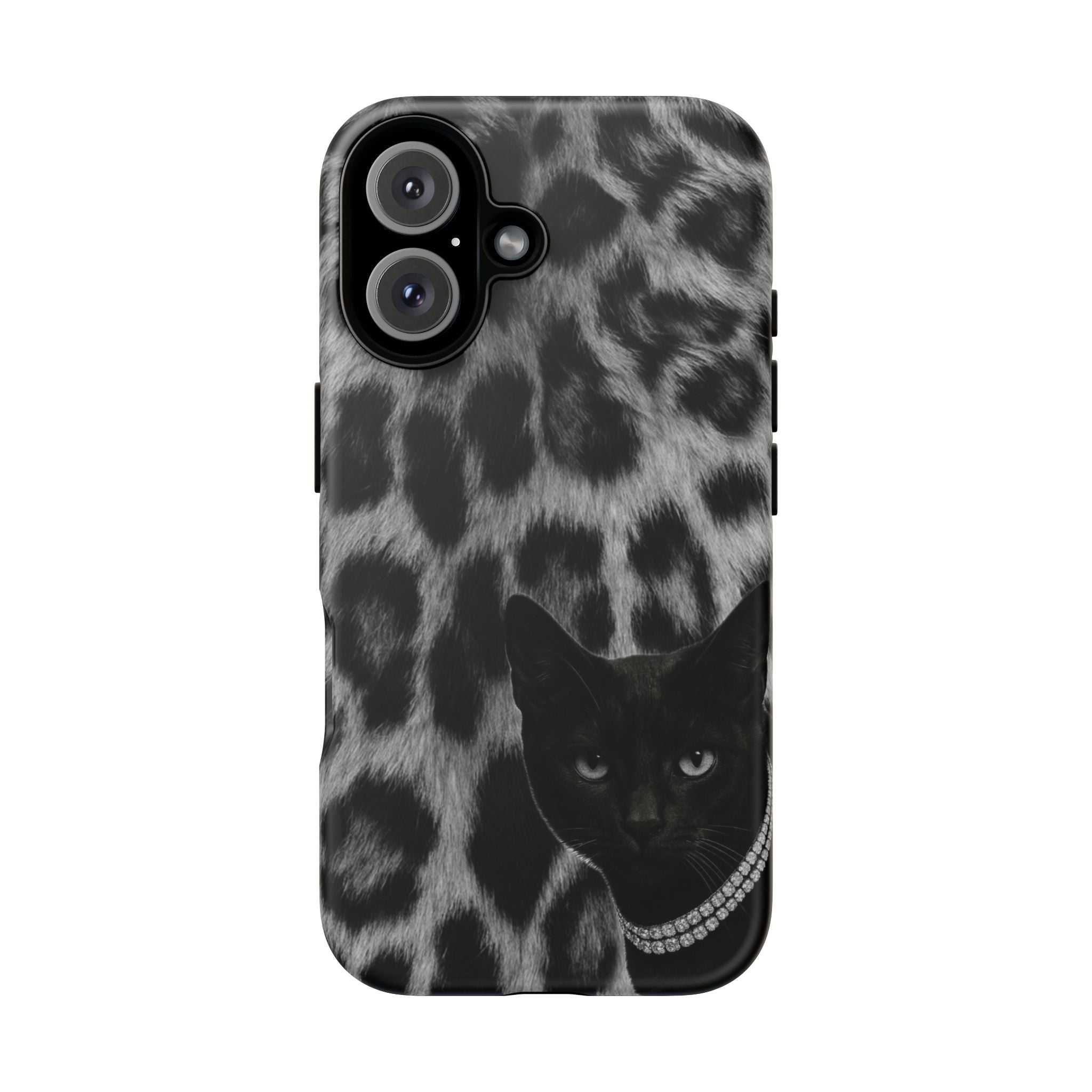 Cat Leopard Phone Case — Black Cat with Pearl Necklace, Chic Animal Print Protective Cover