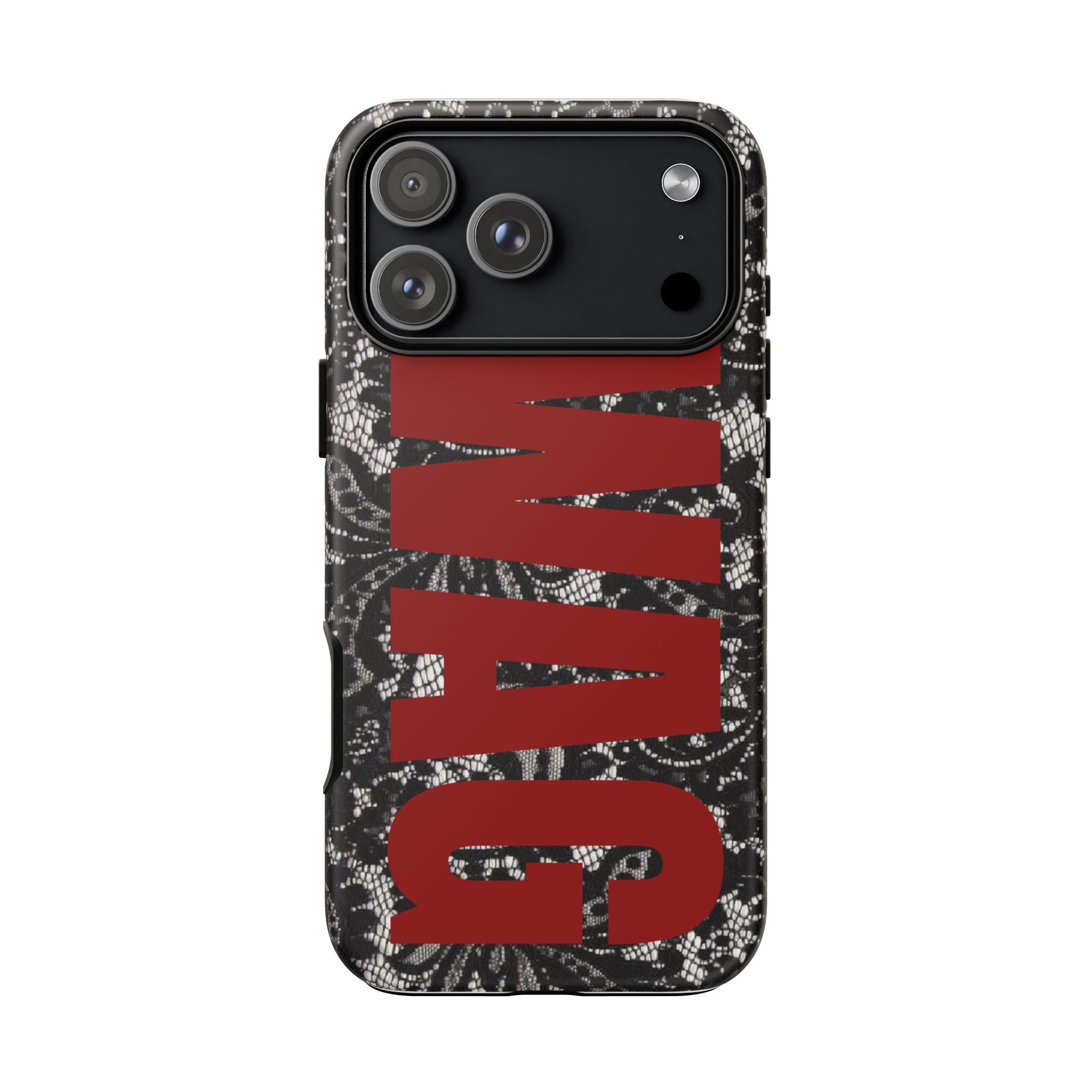 Phone Case — Black Lace Pattern with Bold Red SWAG Text
