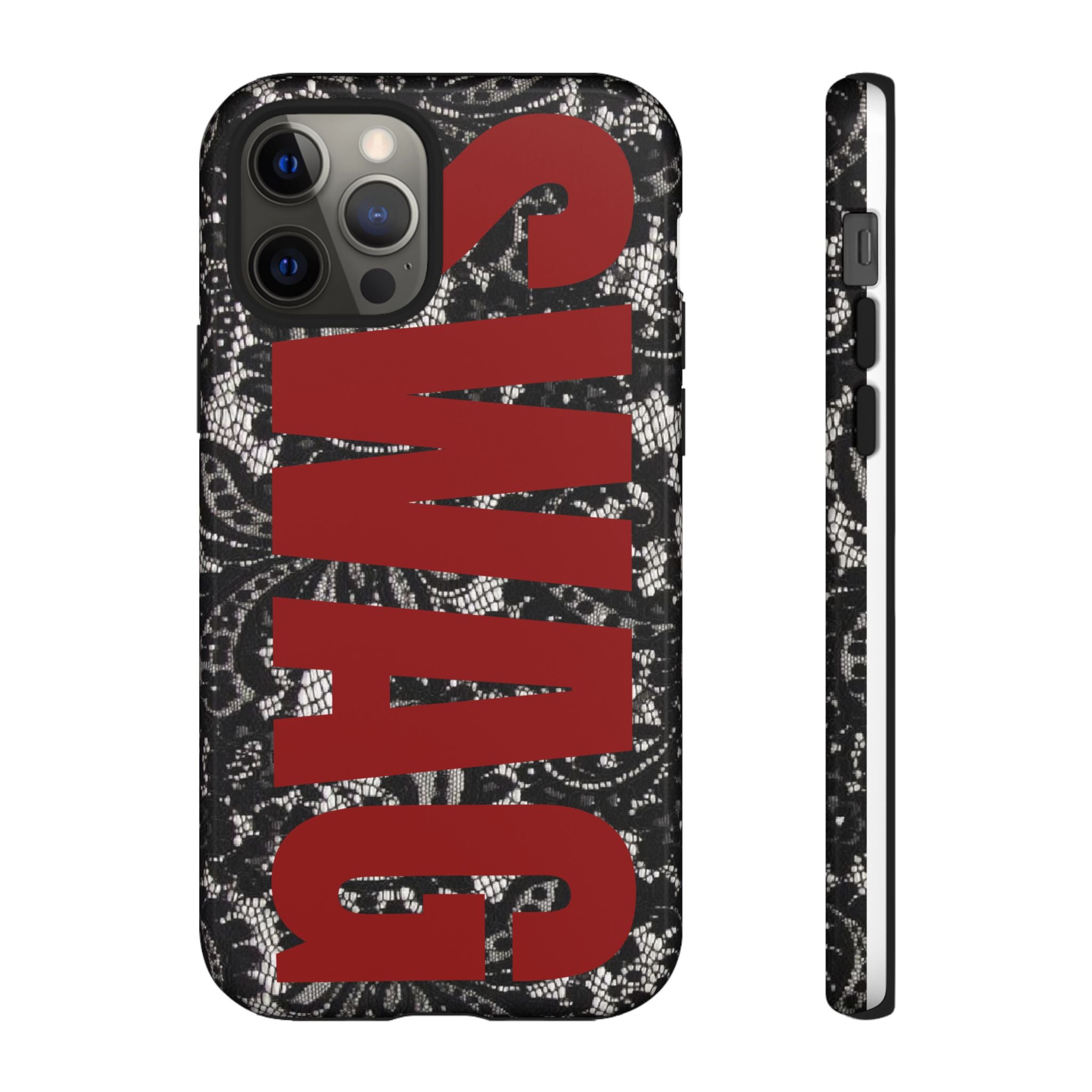 Phone Case — Black Lace Pattern with Bold Red SWAG Text