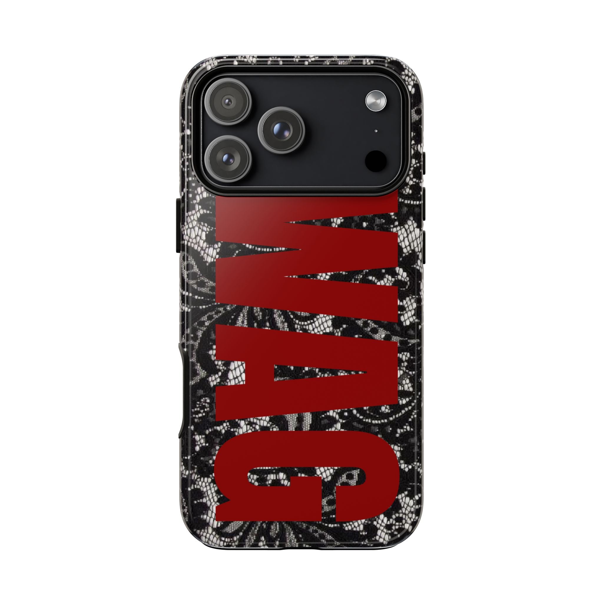 Phone Case — Black Lace Pattern with Bold Red SWAG Text