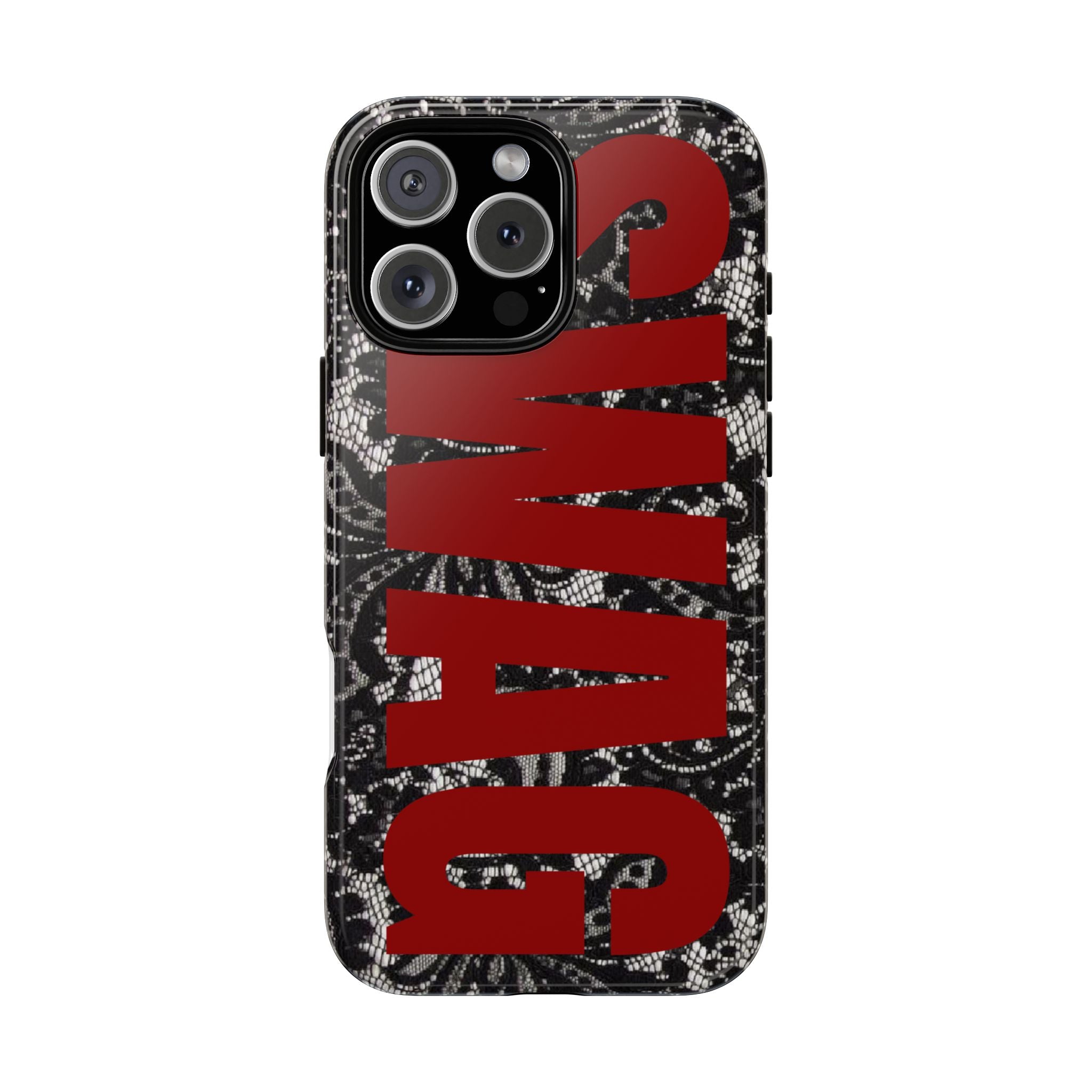 Phone Case — Black Lace Pattern with Bold Red SWAG Text