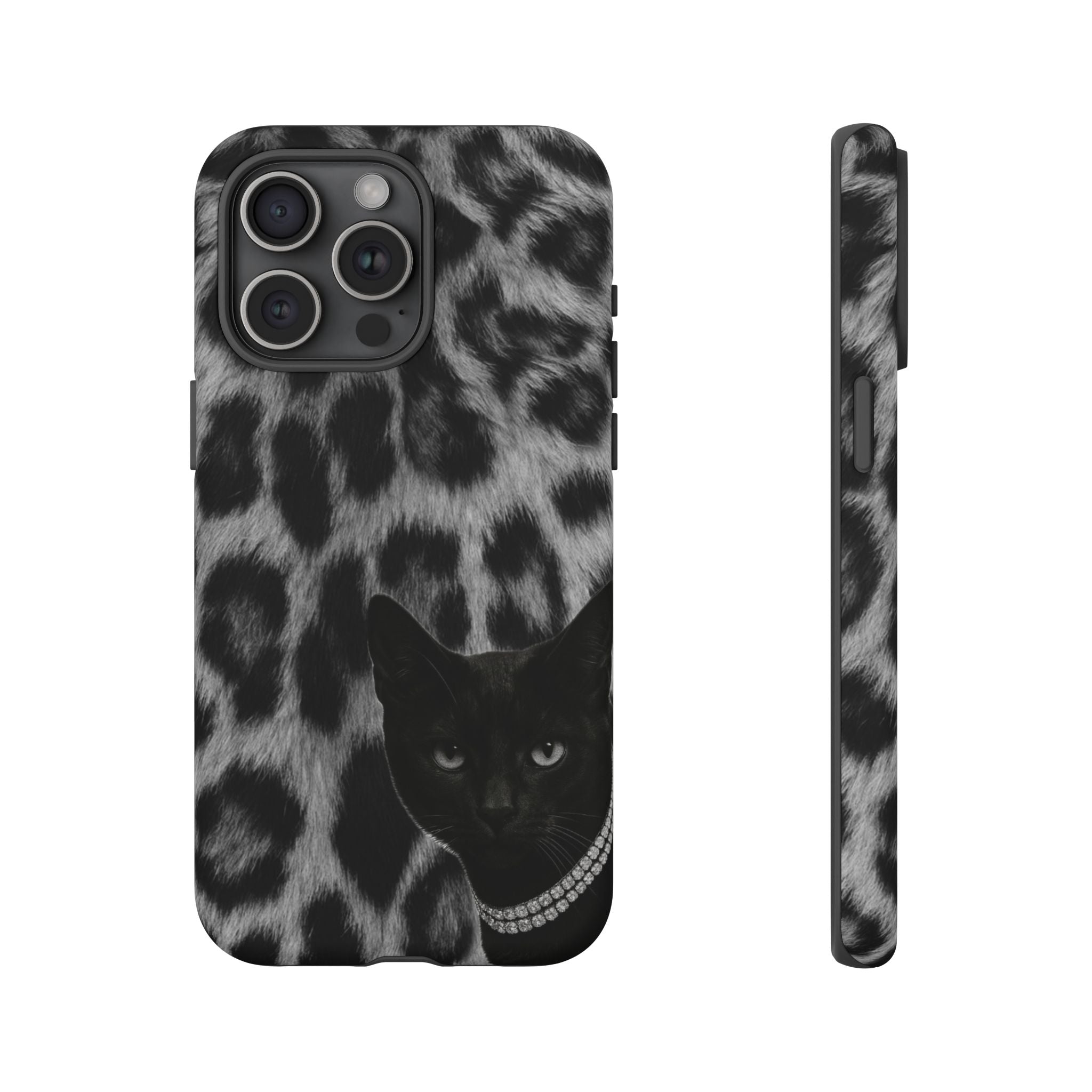 Cat Leopard Phone Case — Black Cat with Pearl Necklace, Chic Animal Print Protective Cover