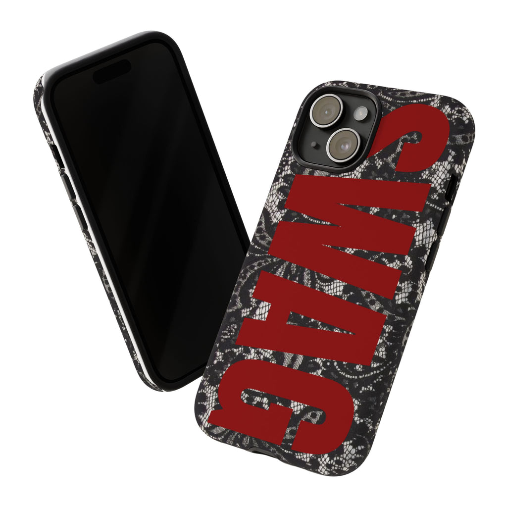Phone Case — Black Lace Pattern with Bold Red SWAG Text